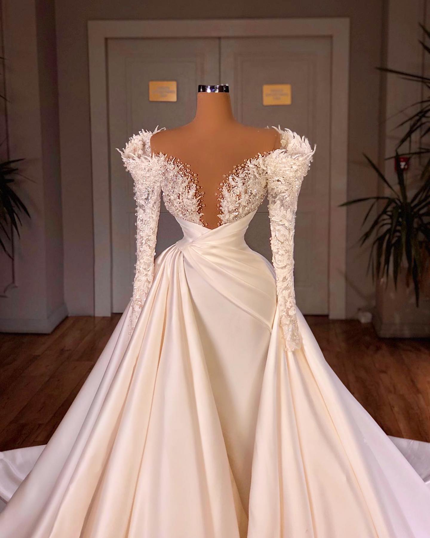 Charming A-Line Cathedral V-neck Long Wedding Dress With Long Sleeves