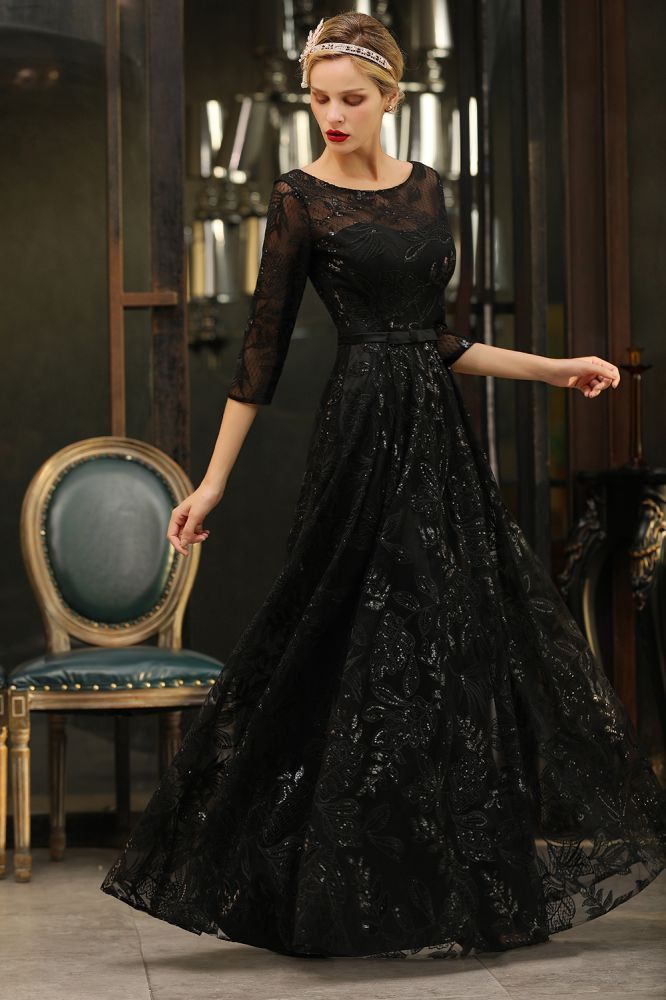 Charmantes schwarzes Halbarm Tüll Pailletten Abendkleid 20er Jahre Aline Ballkleid