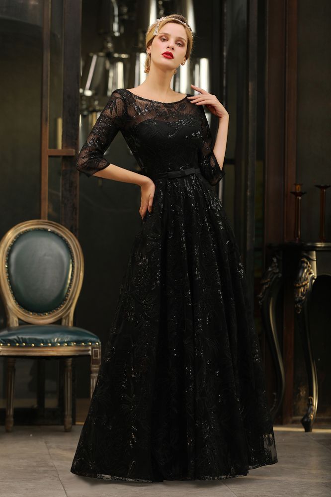 Charmantes schwarzes Halbarm Tüll Pailletten Abendkleid 20er Jahre Aline Ballkleid