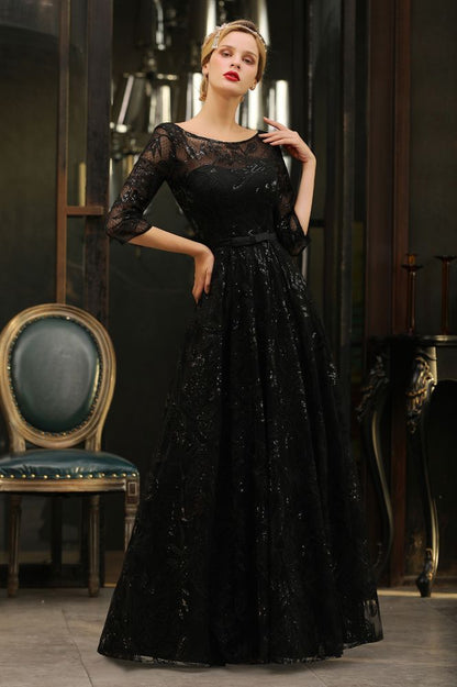 Charmantes schwarzes Halbarm Tüll Pailletten Abendkleid 20er Jahre Aline Ballkleid