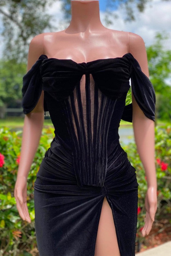 Robe de bal longue noire en velours, style sirène, décolletée et fendue, charmante