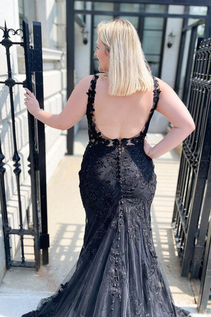 Bezauberndes langes schwarzes Meerjungfrau-Ballkleid mit V-Ausschnitt, Spitze und Tüll