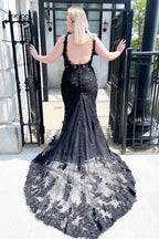 Bezauberndes langes schwarzes Meerjungfrau-Ballkleid mit V-Ausschnitt, Spitze und Tüll