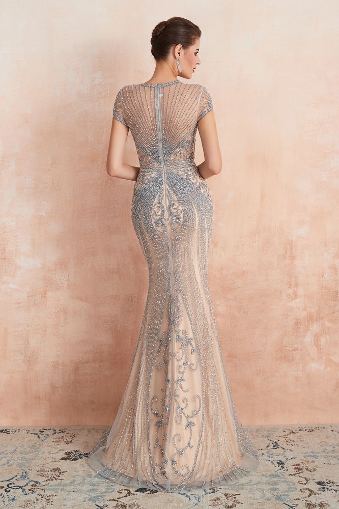 Charmantes Meerjungfrau-Ballkleid mit Flügelärmeln und Perlenbesatz, Rundhalsausschnitt, Abendkleid
