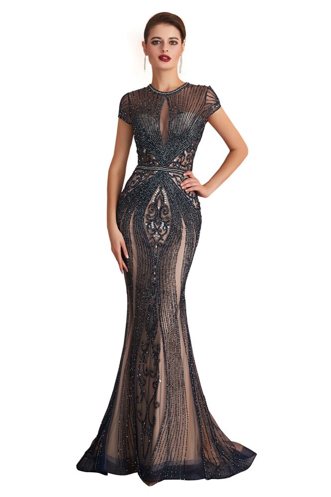 Charmantes Meerjungfrau-Ballkleid mit Flügelärmeln und Perlenbesatz, Rundhalsausschnitt, Abendkleid