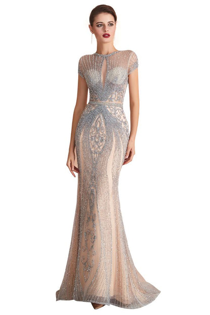 Charmantes Meerjungfrau-Ballkleid mit Flügelärmeln und Perlenbesatz, Rundhalsausschnitt, Abendkleid