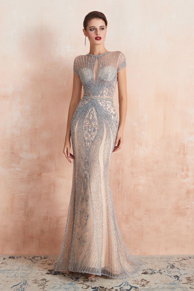 Charmantes Meerjungfrau-Ballkleid mit Flügelärmeln und Perlenbesatz, Rundhalsausschnitt, Abendkleid