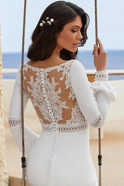 Charmantes, säulenförmiges, langärmliges weißes Brautkleid aus Satin mit Applikationen