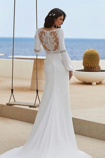Abito da sposa bianco lungo in raso con maniche lunghe a colonna e applicazioni incantevoli