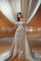 Abito da sposa incantevole in raso con colonna, monospalla, senza maniche, con applicazioni e strascico