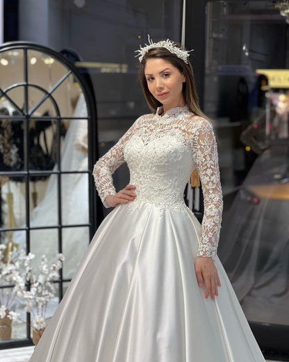 Charming Floor Length Crew Long Sleeves A-Line Satin Wedding Dress with Ruffles