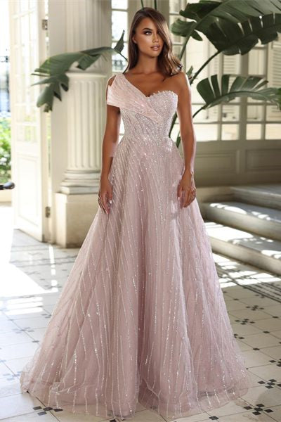 Vestido de Baile Encantador Comprido com Decote Coração, Sem Mangas, de Um Ombro Só, Corte em A, com Lantejoulas