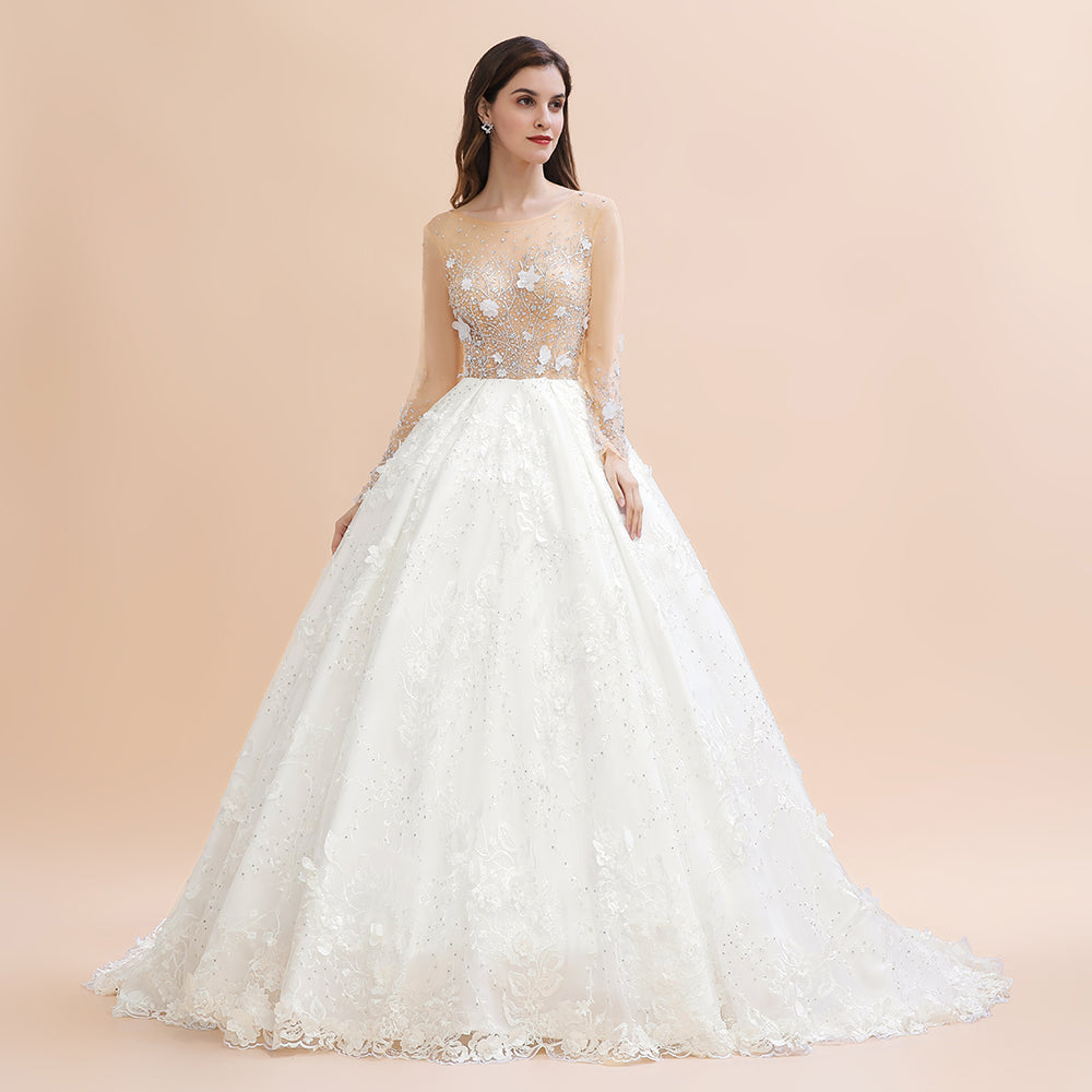 Robe de mariée avec appliques en dentelle florale charmante, magnifique robe nuptiale blanche ornée de perles
