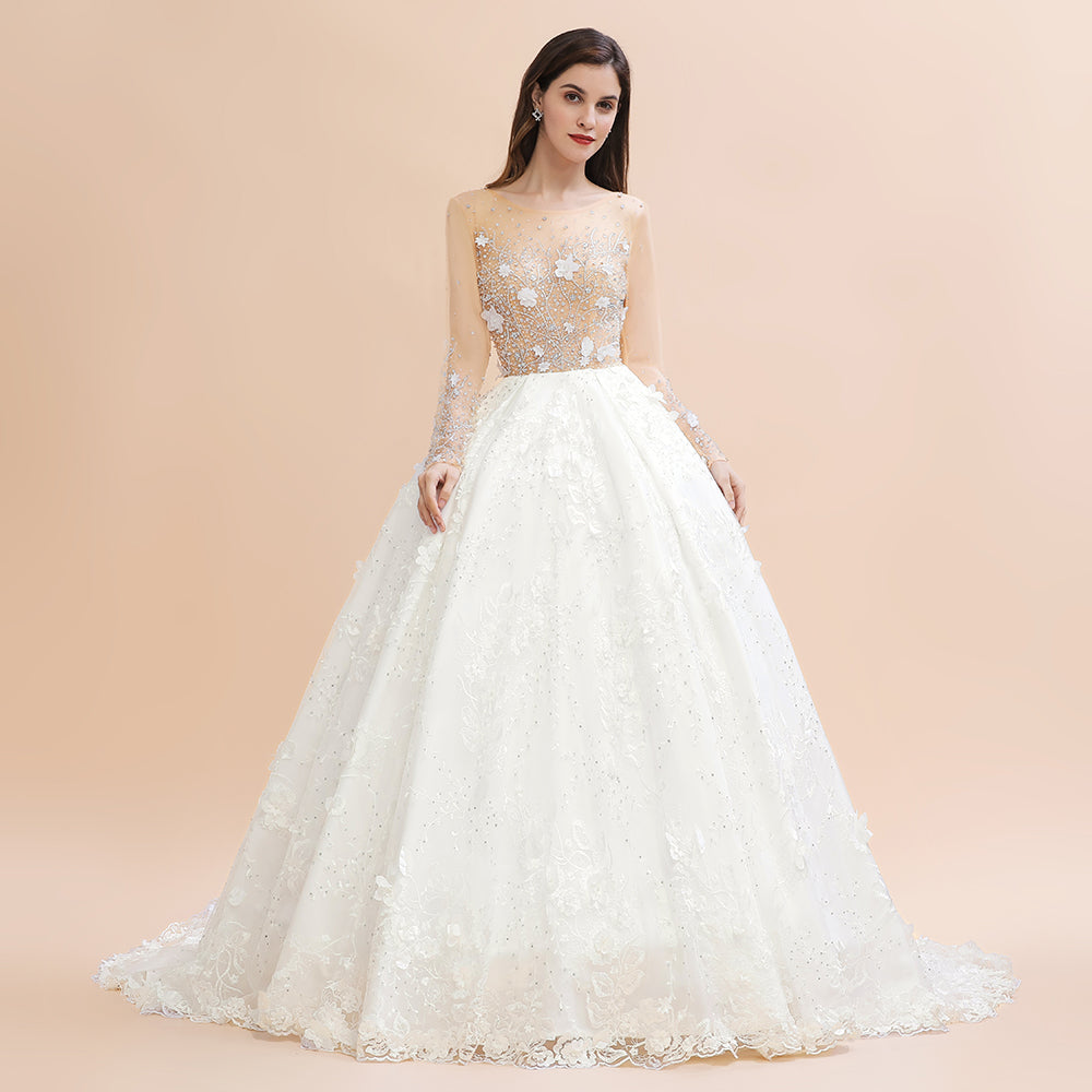 Robe de mariée avec appliques en dentelle florale charmante, magnifique robe nuptiale blanche ornée de perles