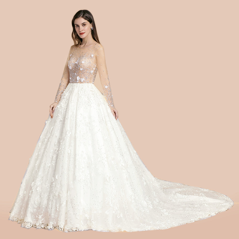 Robe de mariée avec appliques en dentelle florale charmante, magnifique robe nuptiale blanche ornée de perles