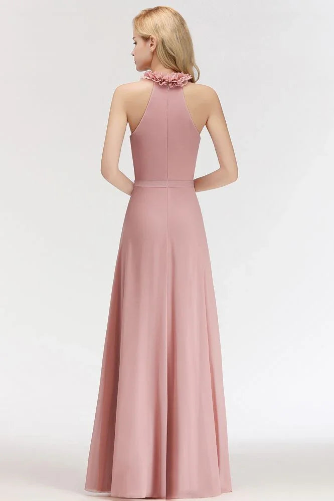 Charmantes Neckholder ärmelloses Kleid mit Rüschen aus Chiffon für Brautjungfern, A-Linien Abend-Maxikleid