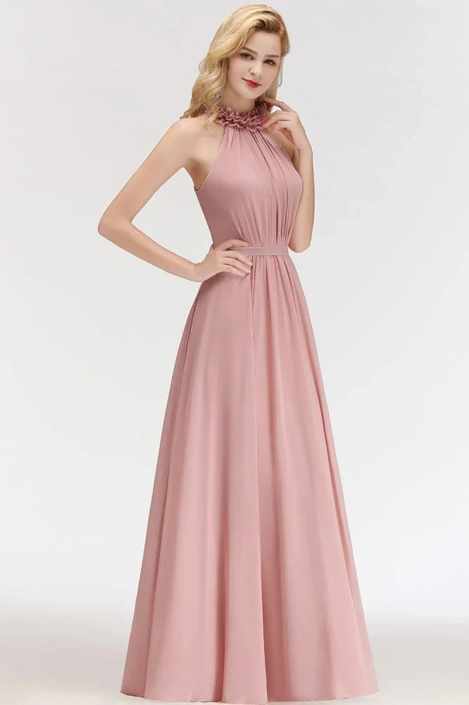 Charmantes Neckholder ärmelloses Kleid mit Rüschen aus Chiffon für Brautjungfern, A-Linien Abend-Maxikleid