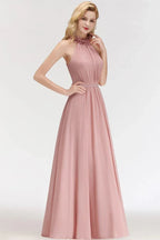 Charmantes Neckholder ärmelloses Kleid mit Rüschen aus Chiffon für Brautjungfern, A-Linien Abend-Maxikleid