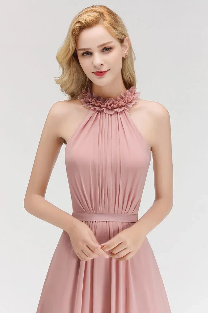 Charmantes Neckholder ärmelloses Kleid mit Rüschen aus Chiffon für Brautjungfern, A-Linien Abend-Maxikleid