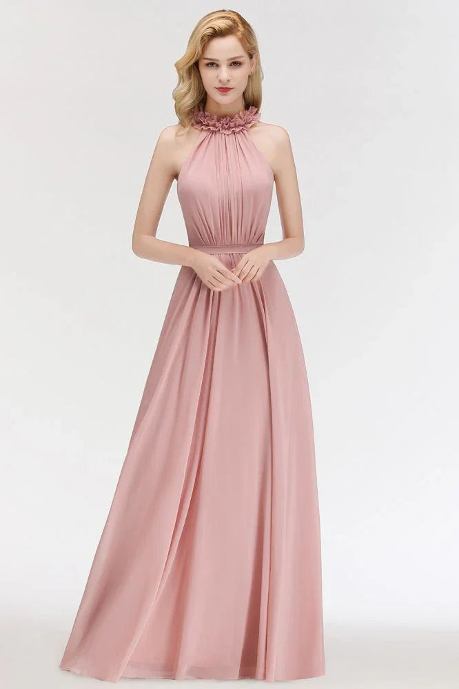 Charmantes Neckholder ärmelloses Kleid mit Rüschen aus Chiffon für Brautjungfern, A-Linien Abend-Maxikleid