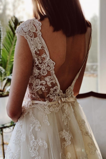 Ivory A Line Lace Wedding Dress Floor Length V Neck Garden Style