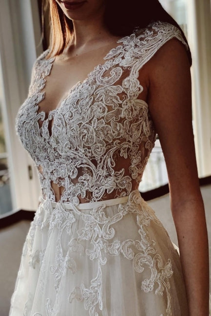 Ivory A Line Lace Wedding Dress Floor Length V Neck Garden Style