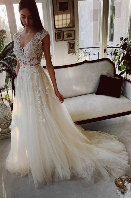 Ivory A Line Lace Wedding Dress Floor Length V Neck Garden Style