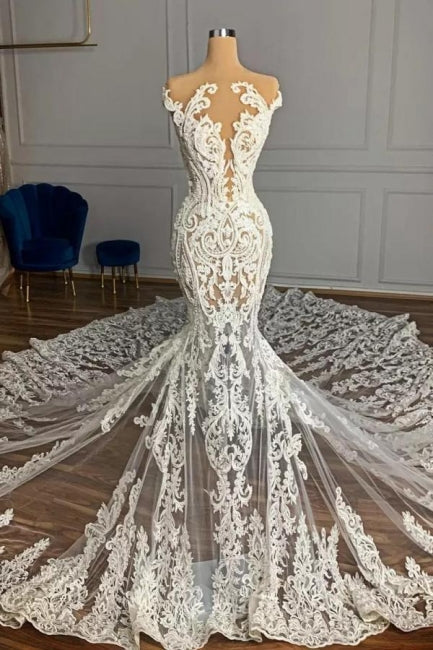 Abito da sposa senza maniche a sirena in tulle con applicazioni, incantevole come un giardino di gioielli