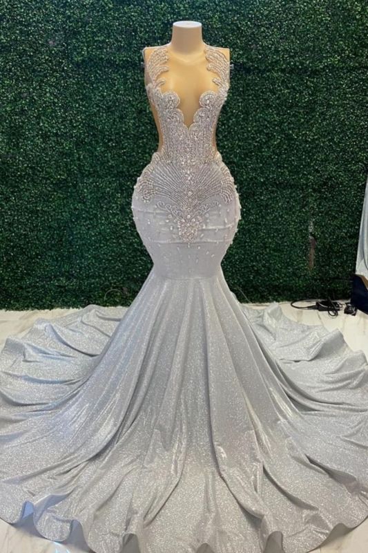 Abito da sera sirena incantevole senza maniche con scollatura gioiello e strass lucenti
