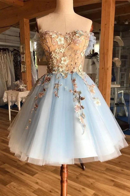 Bezauberndes hellblaues Sweetheart-Heimkehrkleid mit Applikationen