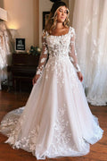 Charming Long A Line Wedding Dress With Appliques And Train