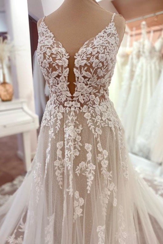 Robe de mariée charmante longue en ligne A, bretelles fines, appliques en dentelle, tulle, dos nu