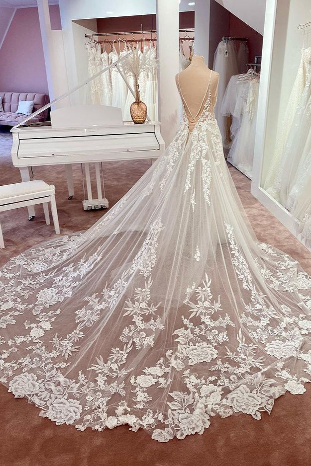 Robe de mariée charmante longue en ligne A, bretelles fines, appliques en dentelle, tulle, dos nu