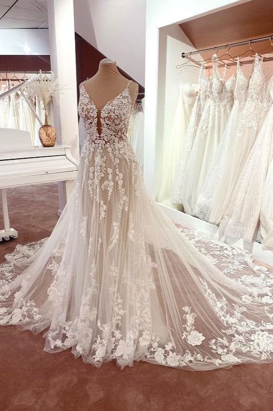 Robe de mariée charmante longue en ligne A, bretelles fines, appliques en dentelle, tulle, dos nu