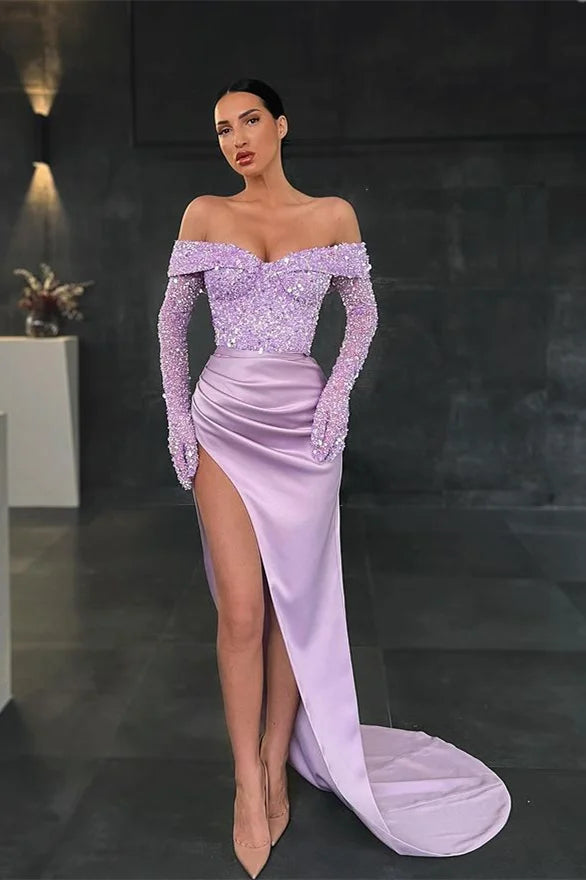Charming Long Mermaid Off-the-shoulder Long Sleeves Lace Prom Dress With Slit