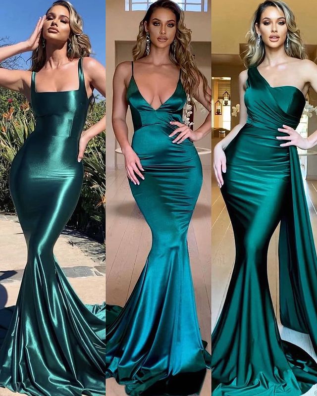 Encantador vestido de fiesta verde de corte sirena largo con un solo hombro y cola lateral