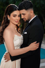 Incantevole abito da sposa lungo a sirena senza spalline con paillettes e perle