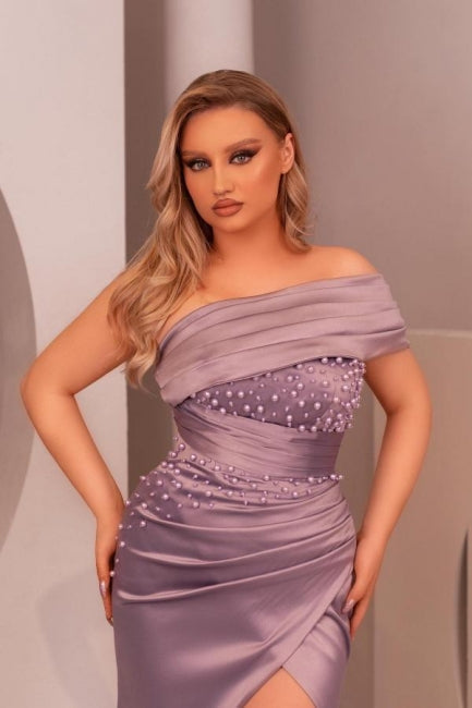 Charming Long Purple Off-the-shoulder Mermaid Sleeveless Pearls Prom Dresses With Slit
