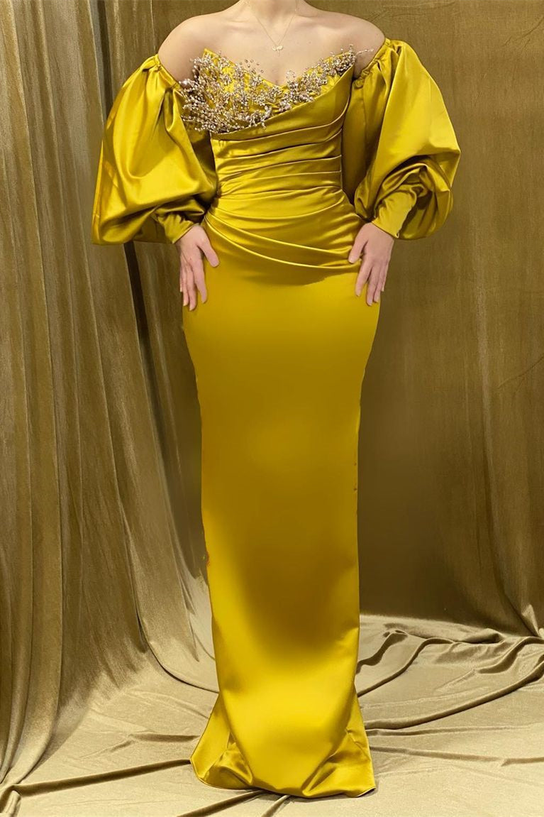 Vestido de fiesta largo con escote en forma de corazón, corte sirena, de satén y diamantes de imitación, con mangas largas