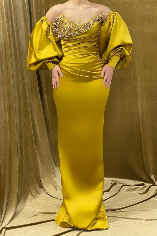 Vestido de fiesta largo con escote en forma de corazón, corte sirena, de satén y diamantes de imitación, con mangas largas