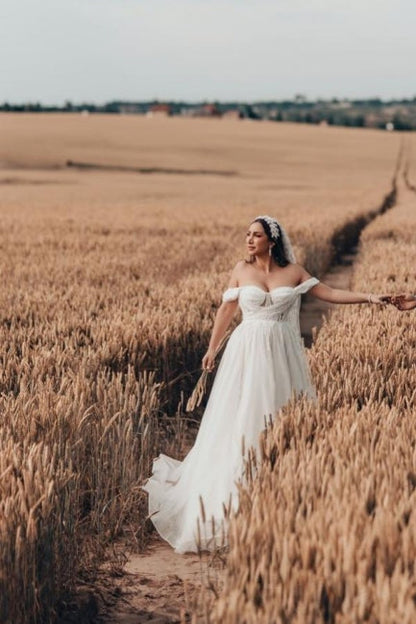 Encantador vestido de novia largo blanco de tul en forma de A, sin mangas y con encaje