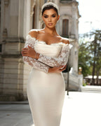 Long White Mermaid Lace Wedding Dress Off The Shoulder Detachable Train