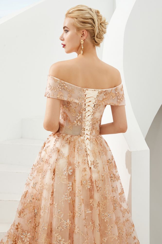 Incantevole abito principessa a linea A con spalle scoperte, gonna a ruota in tulle, abito da sera per festa, abito per quindicenne