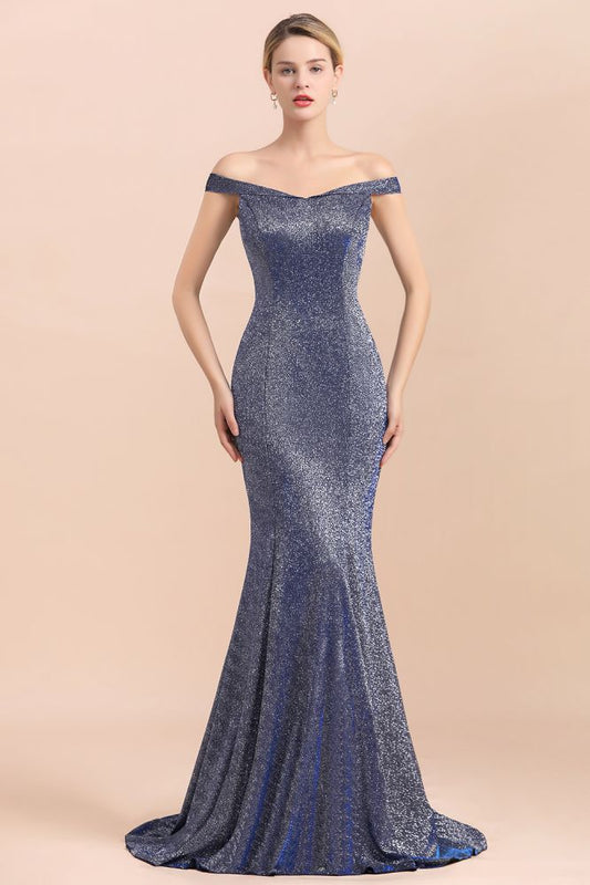 Charmantes schulterfreies, helles Meerjungfrauen-Abend-Maxikleid aus Seide, bodenlanges, schmales Ball- und Partykleid