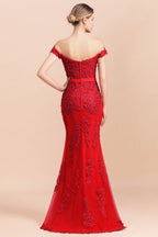 Charming Off-the-Shoulder Lace Appliques Red Mermaid Bridemaid Dres Slim Evening Gown