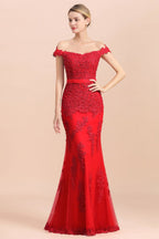 Charming Off-the-Shoulder Lace Appliques Red Mermaid Bridemaid Dres Slim Evening Gown