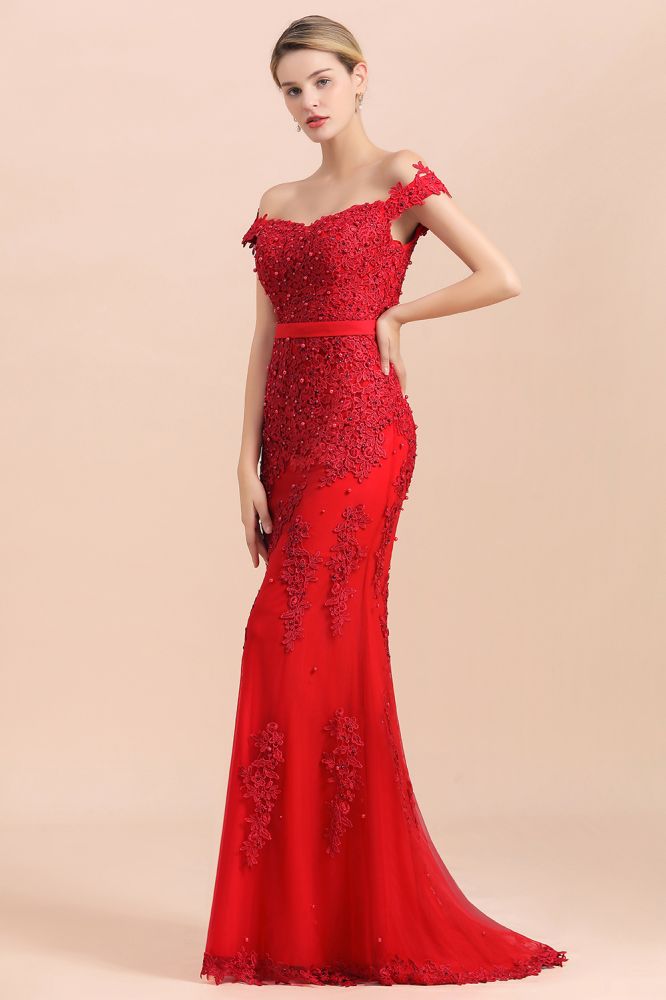 Charming Off-the-Shoulder Lace Appliques Red Mermaid Bridemaid Dres Slim Evening Gown