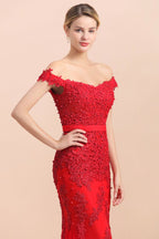 Charming Off-the-Shoulder Lace Appliques Red Mermaid Bridemaid Dres Slim Evening Gown