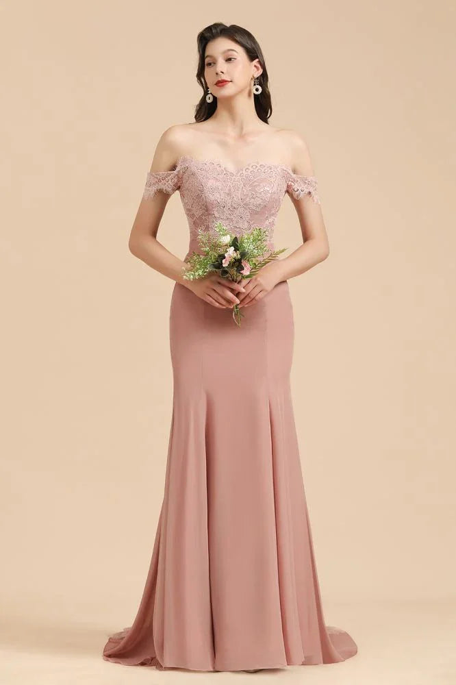 Incantevole abito da festa a sirena in pizzo con spalle scoperte, vestito aderente per damigella d'onore