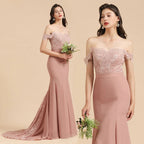 Incantevole abito da festa a sirena in pizzo con spalle scoperte, vestito aderente per damigella d'onore